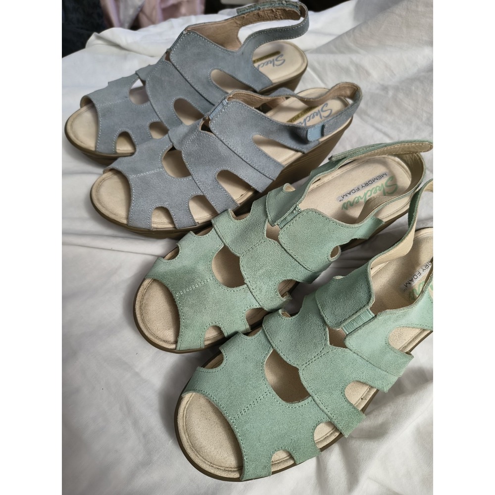 Lot 2 Sketchers Womens Wedge Sandals Blue Green Comfort Memory Foam Classic READ